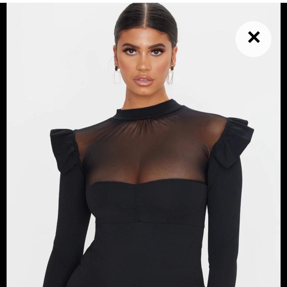 Frill Shoulder Mesh Insert Long Sleeve Bodyc - Picture 2 of 7
